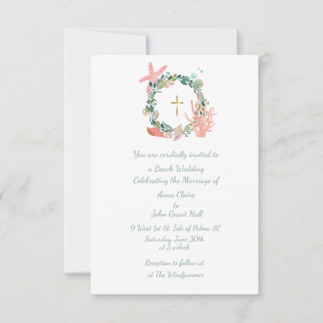 Beach theme Cross, Nautical Wedding, Christian Invitation (Front)