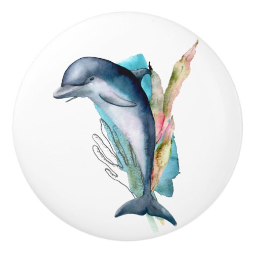 Beach Theme Dolphin Watercolor Art Ceramic Knob