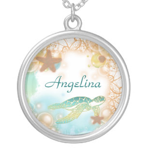Beach theme elegant turtle birthday silver plated necklace