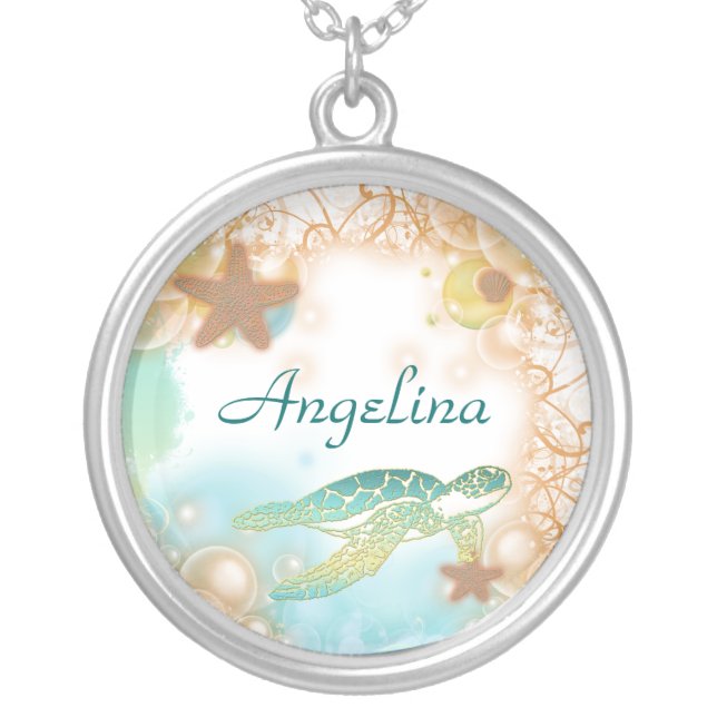 Beach theme elegant turtle birthday silver plated necklace (Front)
