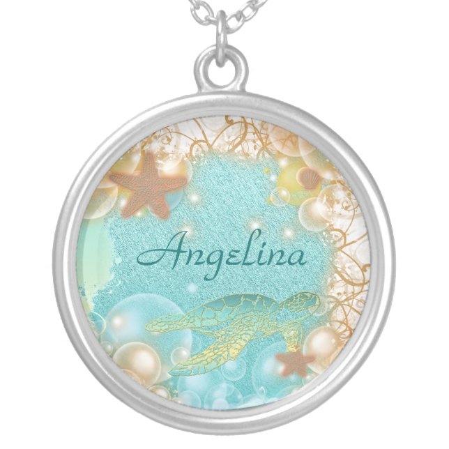 Beach theme elegant turtle birthday silver plated necklace (Front)