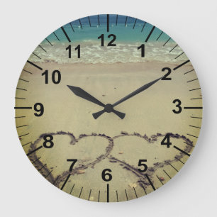 Beach Theme Hearts In Sand Large Clock