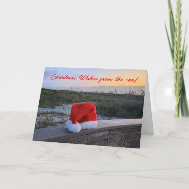 Beach theme Holiday card with Santa Hat (Front)