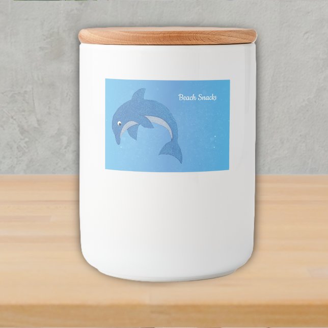 Beach Theme Sparkle Blue Dolphin Jumping Position Food Label (Glittery cute blue white jumping dolphin on pretty blue food container label.)