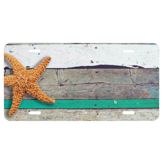 Beach Theme Starfish Wedding Rustic License Plate (Front)