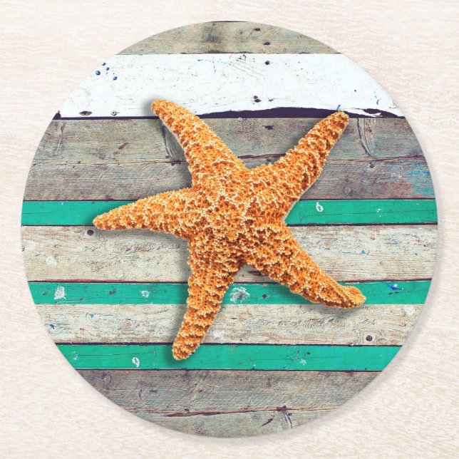 Beach Theme Starfish Wedding Rustic Round Paper Coaster (Front)