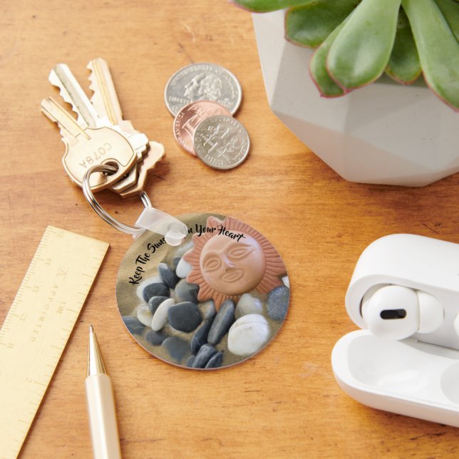 Beach Theme Terra Cotta Sun, Sand and Rocks Custom Keychain (Desk)