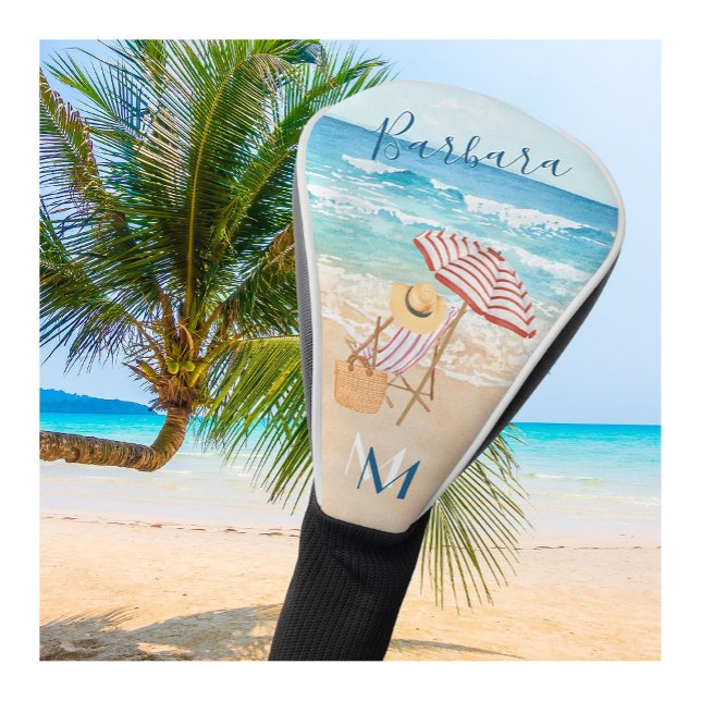 Beach Theme Watercolor Monogram Name  Golf Head Cover (Creator Uploaded)
