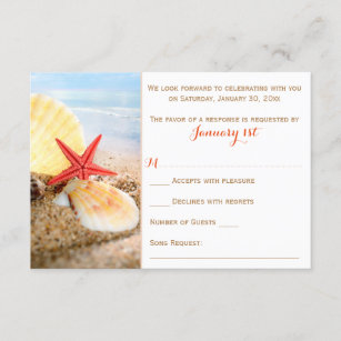 Beach Theme Wedding RSVP Card   Star Fish, Shells