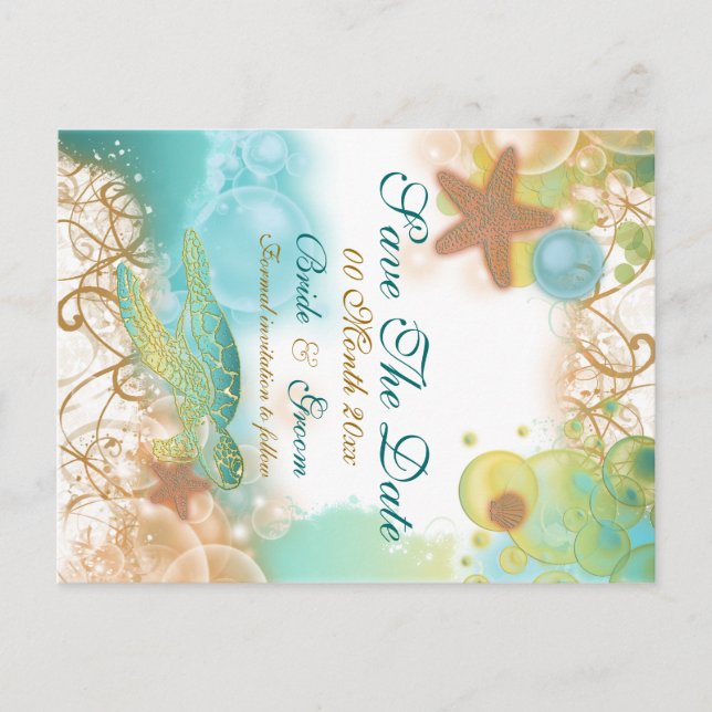 Beach theme wedding "save the date" announcement postcard (Front)