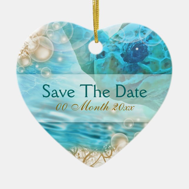 Beach theme wedding "save the date" turtle ceramic ornament (Front)