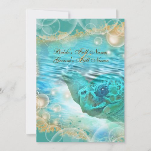 Beach theme wedding turtle blue personalized announcement