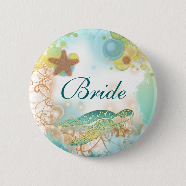 Beach theme wedding turtle bride button (Front)