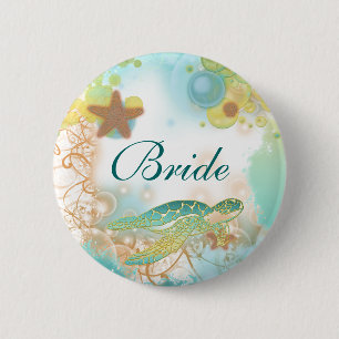 Beach theme wedding turtle bride button