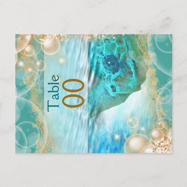 Beach theme wedding turtle "table number" postcard (Front)