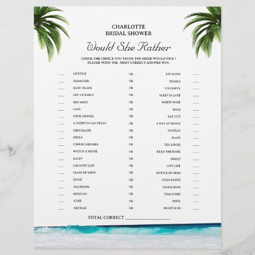  Beach Theme Would She Rather Bridal Shower Game  Flyer