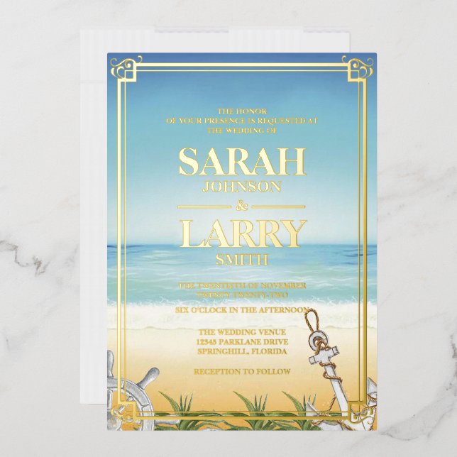 Beach themed and Elegant Gold Traditional Wedding  Foil Invitation (Envelope)
