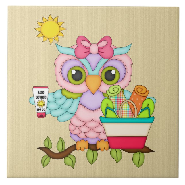 Beach Themed cartoon owl tile (Front)