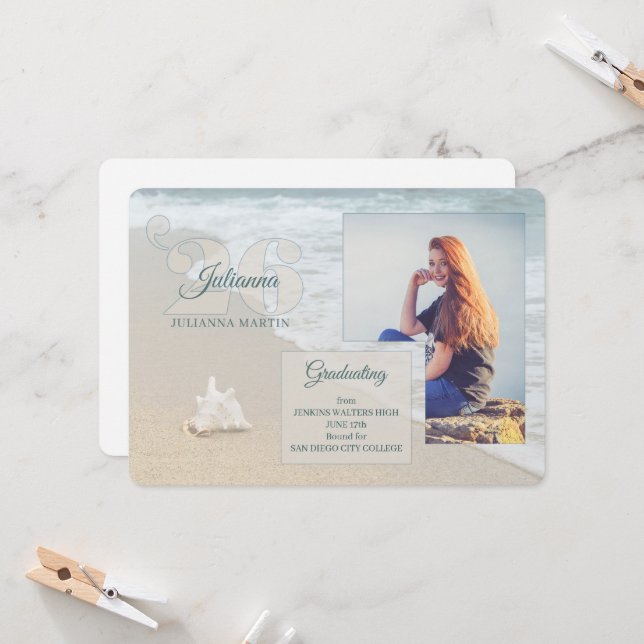 Beach Themed Class of 2026 Graduation Photo Invitation (Front/Back In Situ)