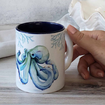 Beach Themed Coffee Mugs Blue Octopus