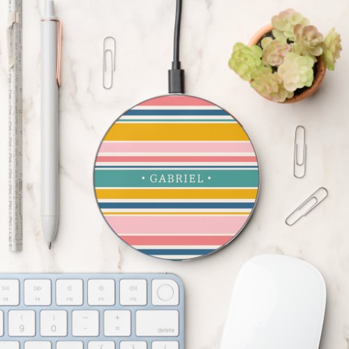 Beach Themed Color Stripes  Add Your Name Wireless Charger