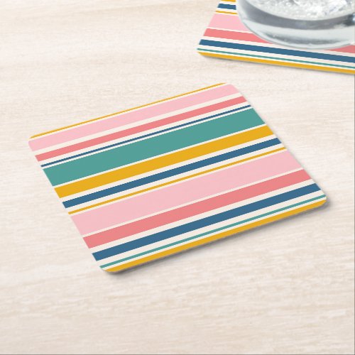 Beach Themed Color Stripes Square Paper Coaster