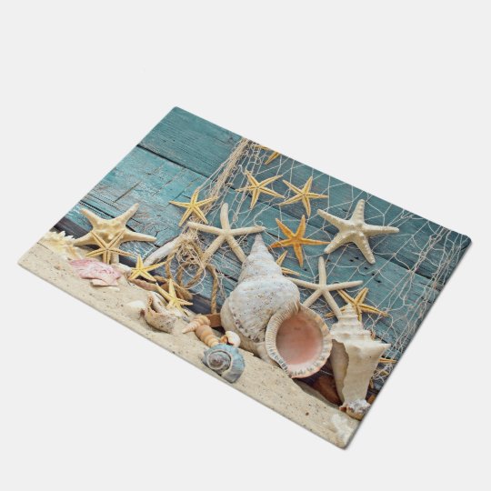 Beach Themed Conch Shell Starfish Fishing Net Doormat