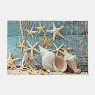 Beach Themed Conch Shell, Starfish & Fishing Net Doormat