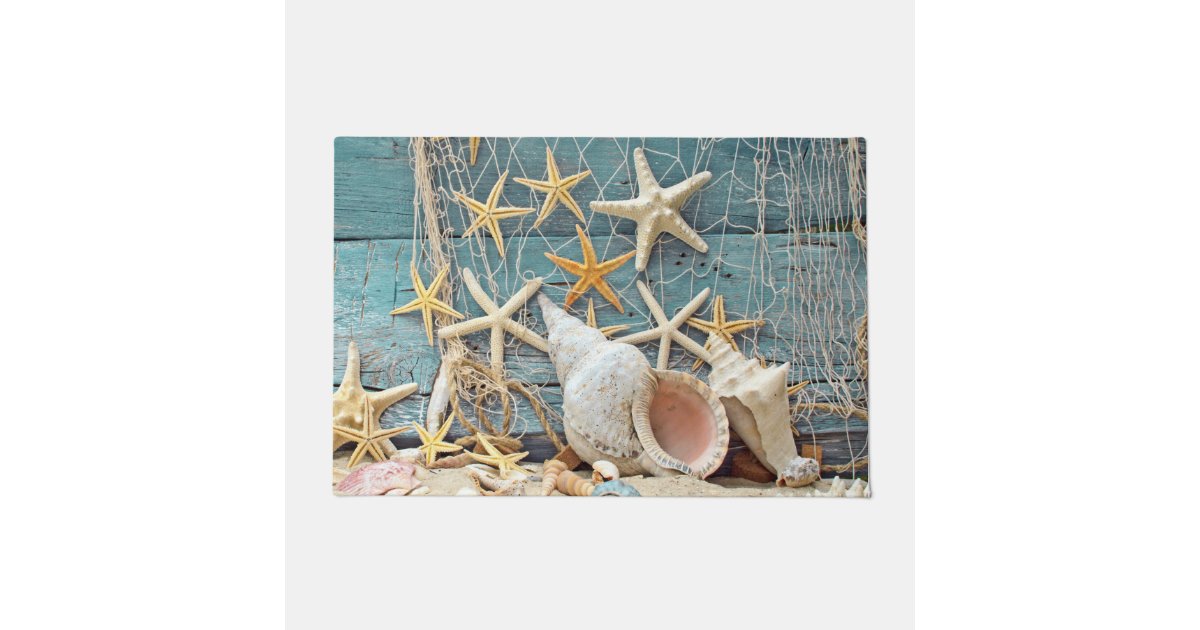 Beach Themed Conch Shell Starfish Fishing Net Doormat Zazzle Com