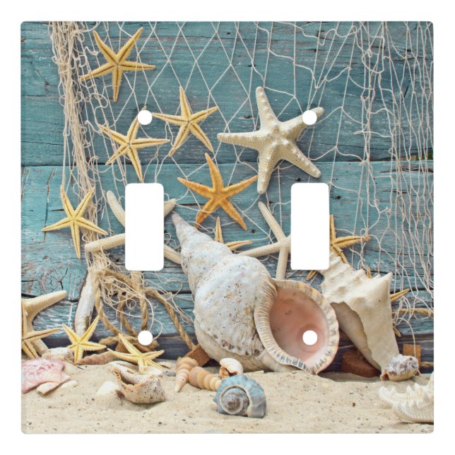 Beach Themed Conch Shell, Starfish & Fishing Net Light Switch Cover (Front)