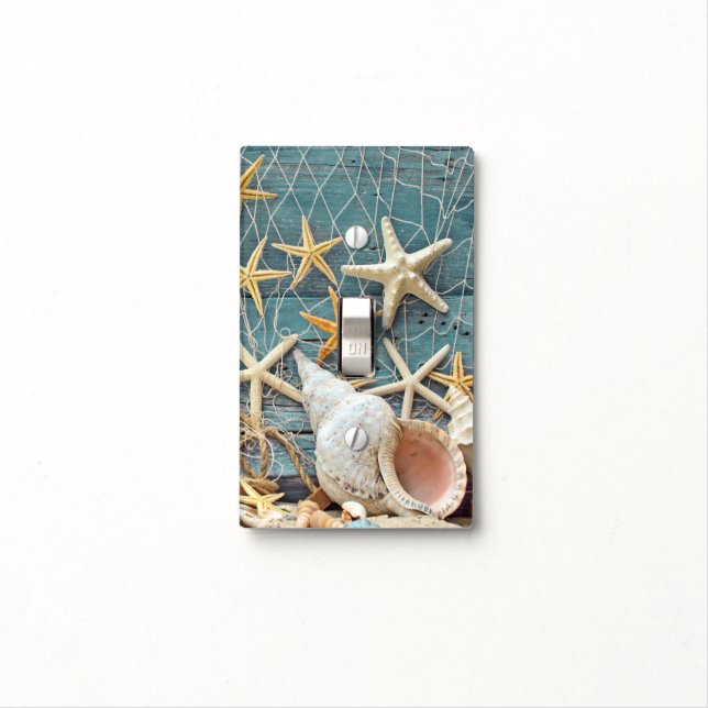Beach Themed Conch Shell, Starfish & Fishing Net Light Switch Cover (In Situ)