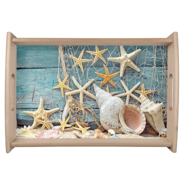 Beach Themed Conch Shell, Starfish & Fishing Net Serving Tray (Front)