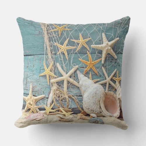 Beach Themed Conch Shell Starfish  Fishing Net Throw Pillow