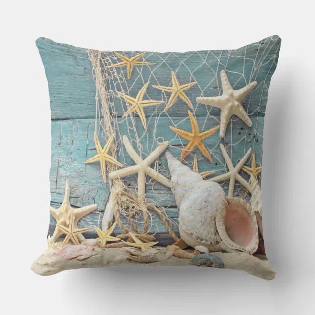 Beach Themed Conch Shell, Starfish & Fishing Net Throw Pillow | Zazzle