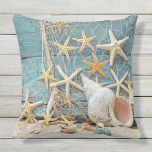 Beach Themed Conch Shell, Starfish & Fishing Net Throw Pillow