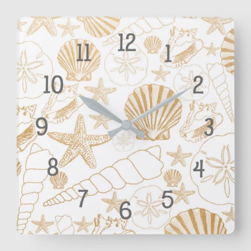 Beach themed decor gold white sea shells square wall clock