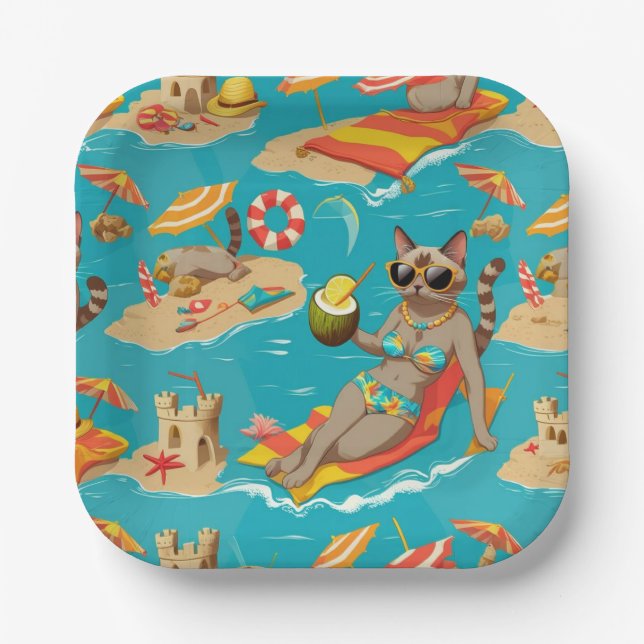  Beach themed for Siamese Cat Lovers Party Paper Plates (Front)