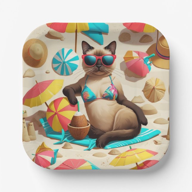  Beach themed for Siamese Cat Lovers Party Paper Plates (Front)