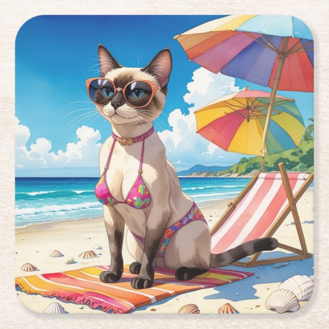 Beach themed for Siamese Cat lovers Square Paper Coaster (Front)