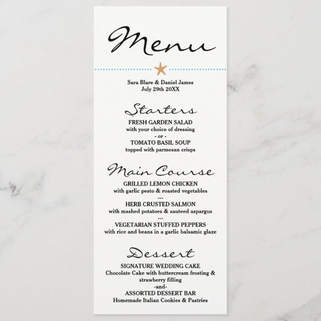 Beach themed Menu Cards - Wedding Menus - Starfish (Front)