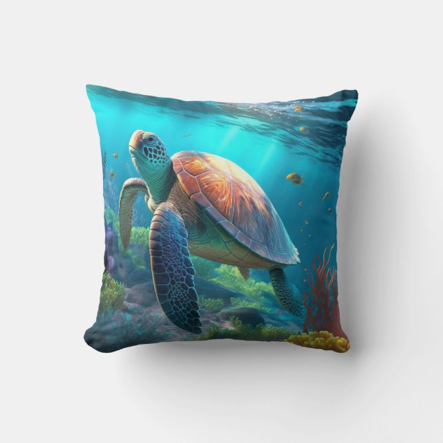 Beach Themed Ocean Coral Sea Turtle Decorative Throw Pillow (Front)