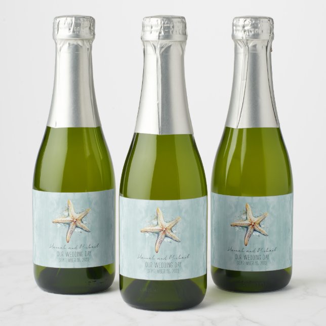 Beach Themed "Our Wedding Day" Mini Sparkling Wine Label (Bottles)