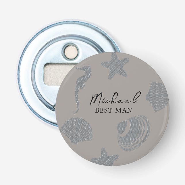 Beach Themed "Our Wedding Day" with Shells Bottle Opener (Front)