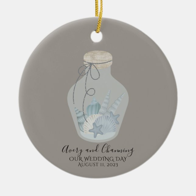 Beach Themed "Our Wedding Day" with Shells  Ceramic Ornament (Front)
