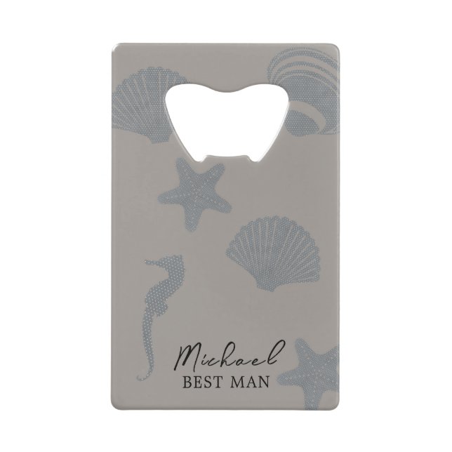 Beach Themed "Our Wedding Day" with Shells Credit Card Bottle Opener (Front)