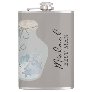 Beach Themed "Our Wedding Day" with Shells Flask