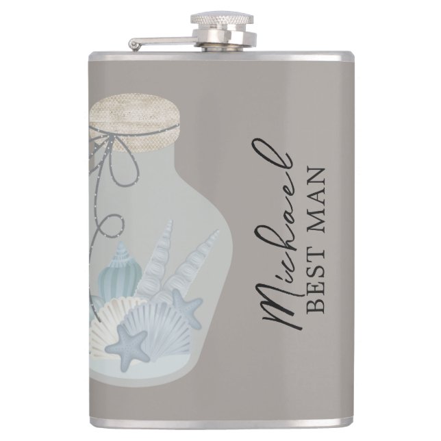 Beach Themed "Our Wedding Day" with Shells Flask (Front)