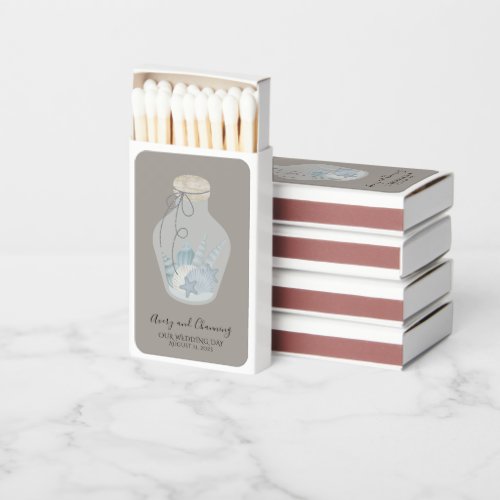 Beach Themed Our Wedding Day with Shells Matchboxes