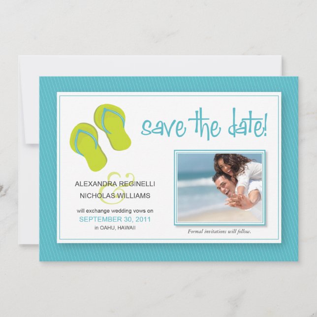 Beach-Themed Save the Date Announcement (aqua) (Front)