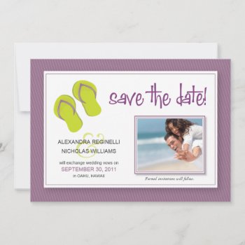 Beach-themed Save The Date Announcement (purple) by TheWeddingShoppe at Zazzle